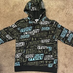 Adidas Boys All Over Graphic Logo Hoodie Pullover Black Blue Size XL 18/20